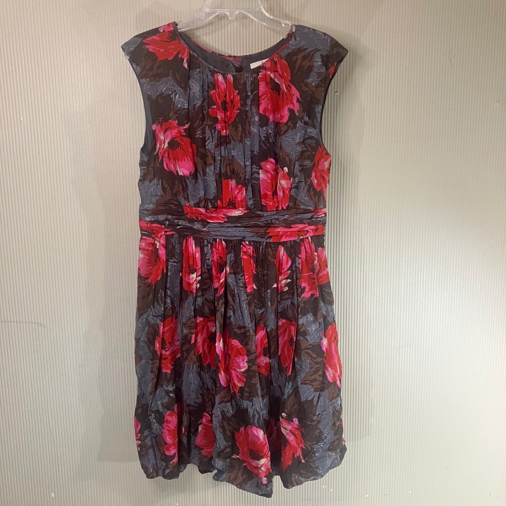Boden Floral Pleated Fit & Flare Dress Pink Red Gray Sleeveless US 10R WH700